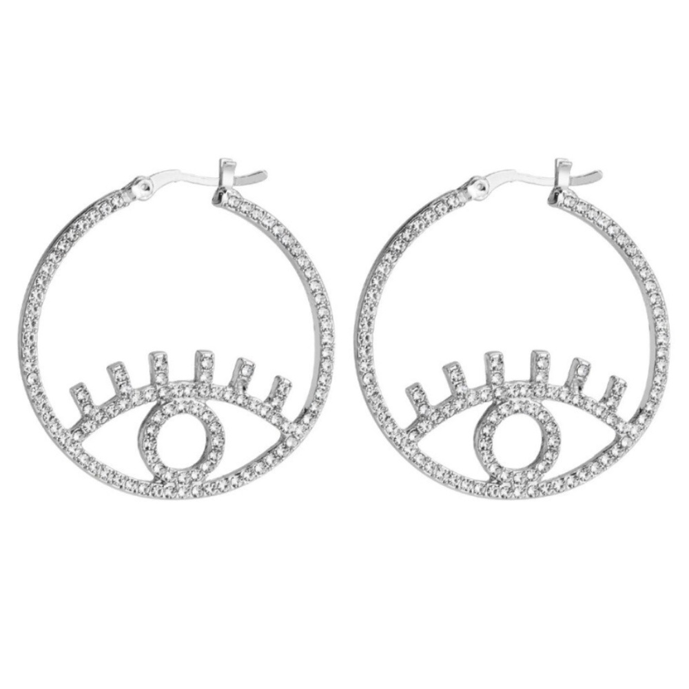 Silver Cubic Zirconia Hoop Round Eye Lash Earrings - Picture 1 of 2